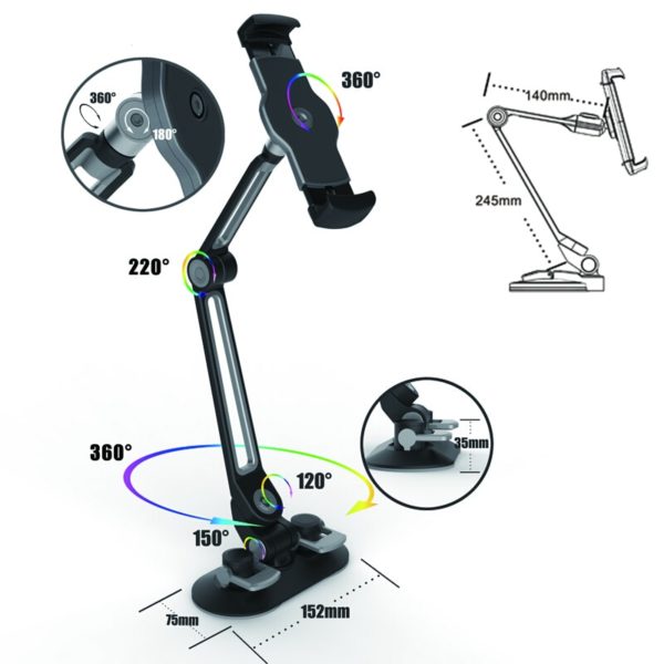 Universal Tablet Car Holder Aluminum Alloy Arm Ergonomic 360 Degree Rotatable Double Suction Stand for Phone, Tablet or Phablet - Image 2